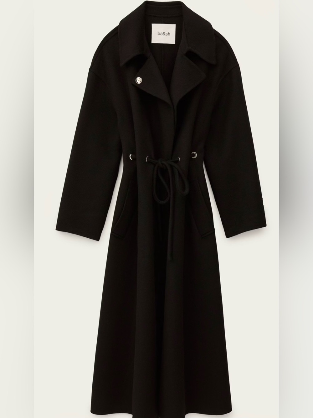 Ba&sh Black Long Tie-Waist trench coat with Notched Collar 3 (LARGE)